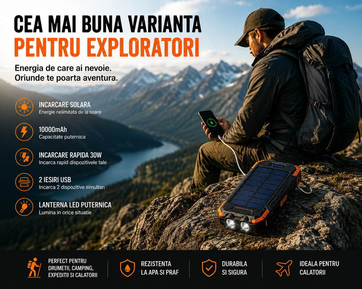 Baterie Externă 10.000mAh cu Lanternă LED – Putere la Priză sau la Soare