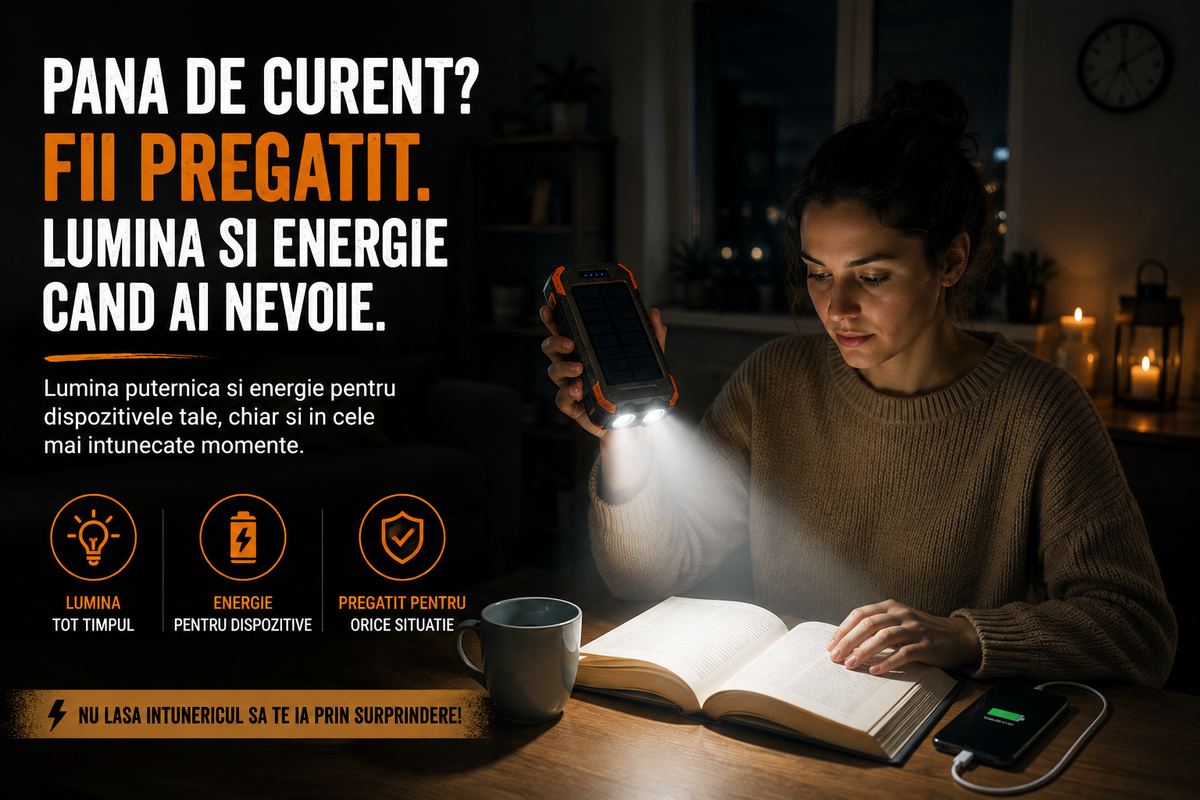 Baterie Externă 10.000mAh cu Lanternă LED – Putere la Priză sau la Soare
