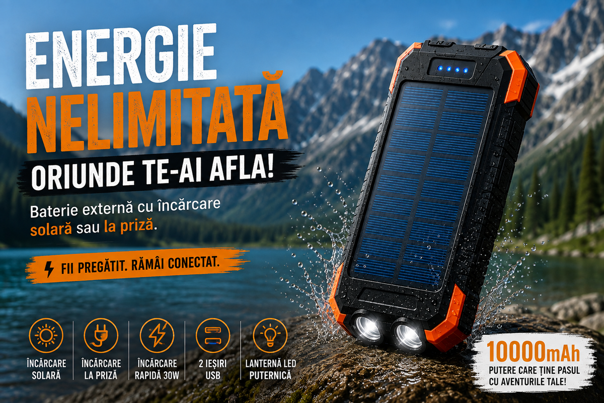 Baterie Externă 10.000mAh cu Lanternă LED – Putere la Priză sau la Soare
